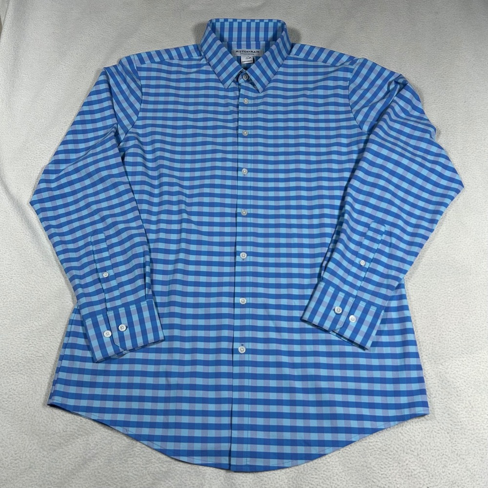 Mizzen+Main Button Down Shirt Mens XL Blue Gingham Trim Fit Performance